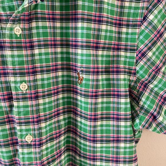 Ralph Lauren Slim Fit Shirt Mens L Green Purple White Plaid Short Sleeve Cotton - Picture 4 of 8